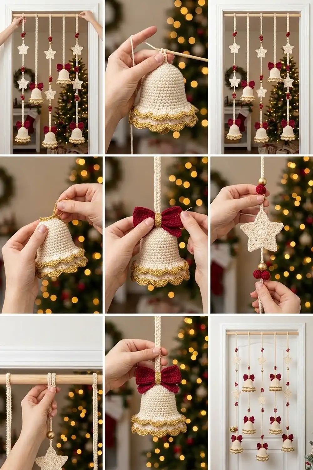 Crocheted cream bells with gold crochet trim and velvet burgundy bows displayed hanging in a festive window.