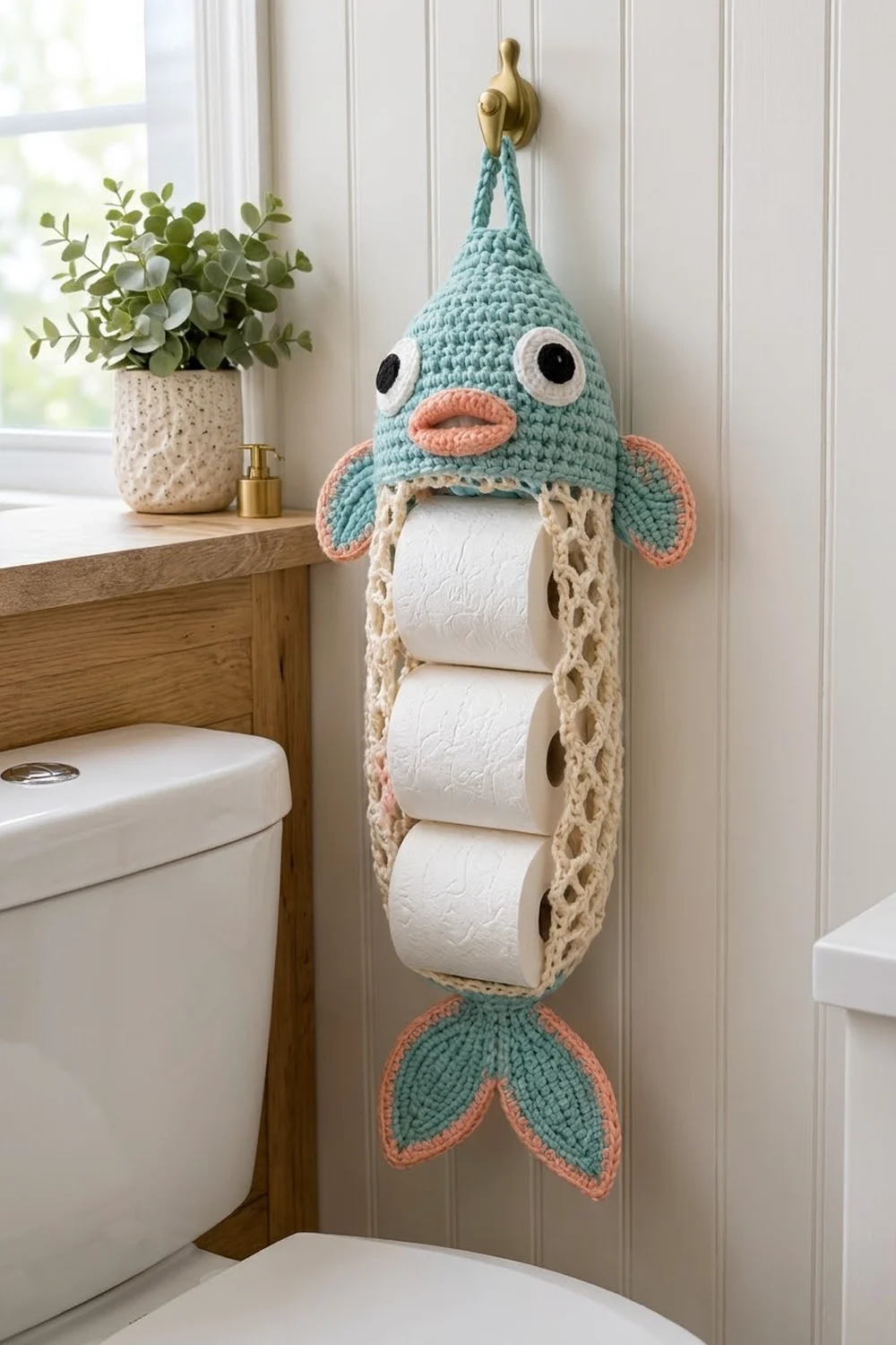 Crocheted turquoise fish-shaped toilet paper holder with coral fins and mouth hangs in a bright, minimalist bathroom.