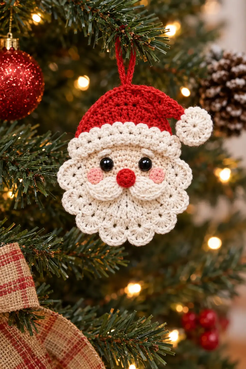 A crocheted Santa ornament with red hat and white beard hangs on a decorated Christmas tree with lights.