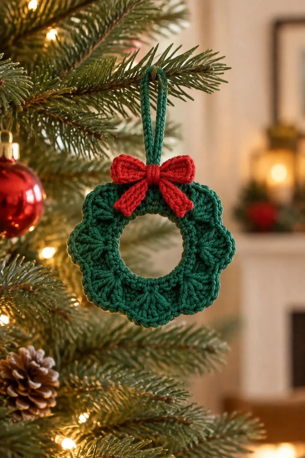 A crocheted green wreath ornament with red bow hanging on an evergreen Christmas tree branch.