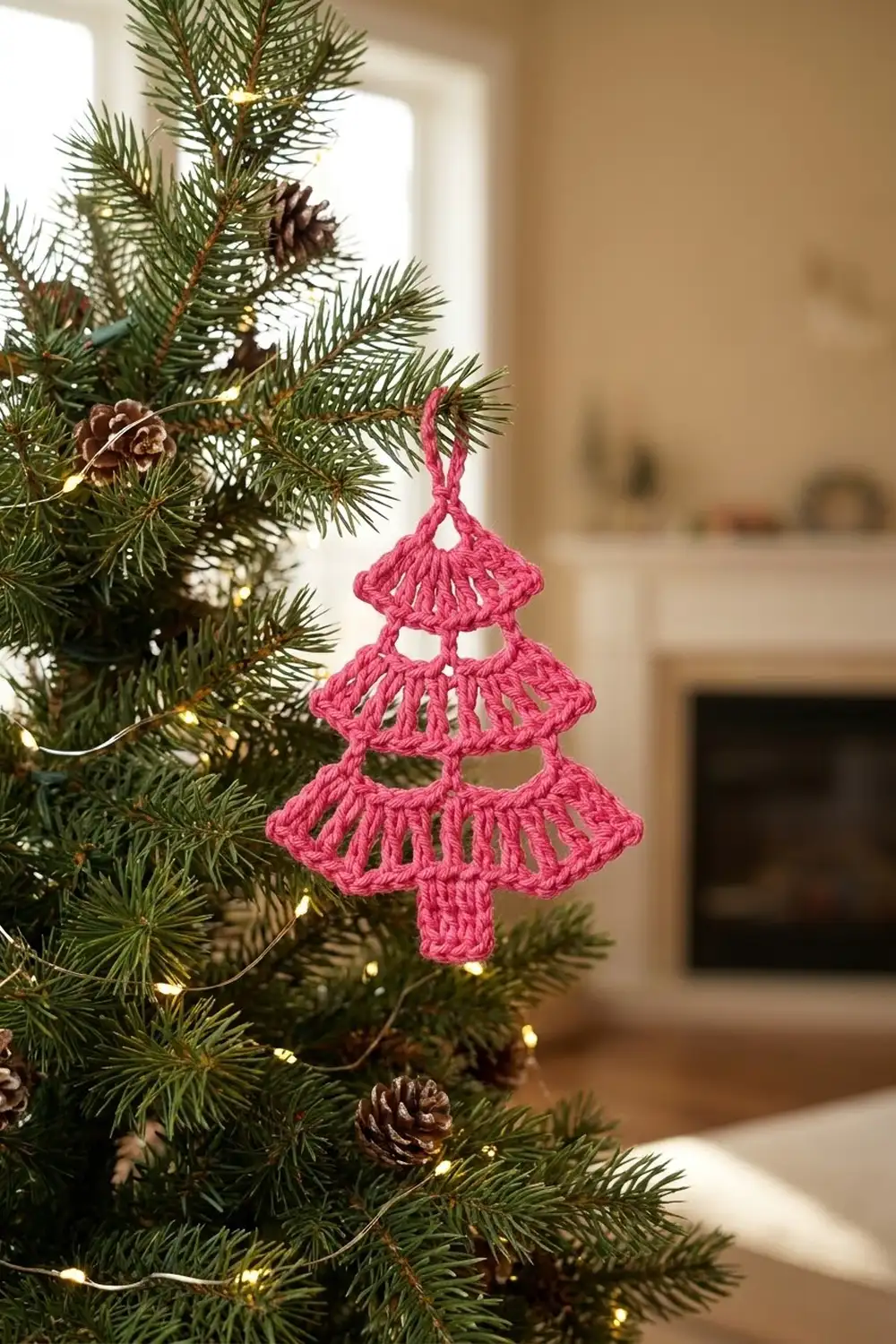 A pink crocheted Christmas tree ornament hangs from an evergreen branch among pinecones and lights.