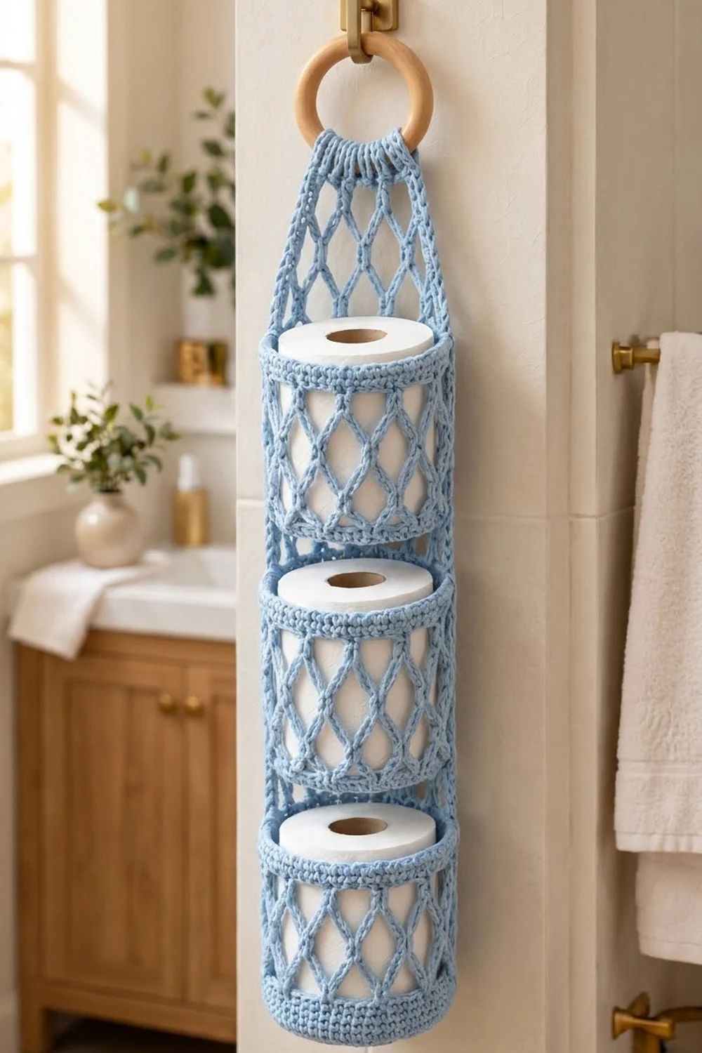 Light blue crocheted toilet paper holder with openwork pattern hanging in modern bathroom with wooden vanity, plants, and brass fixtures.