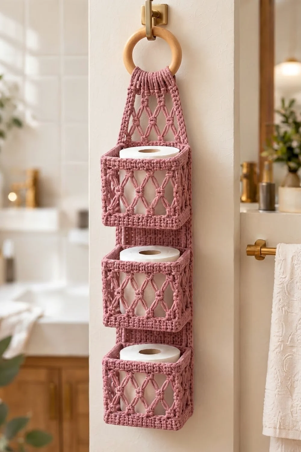 Dusty rose macramé toilet paper organizer with wooden ring hanging on bathroom wall, holding white rolls.