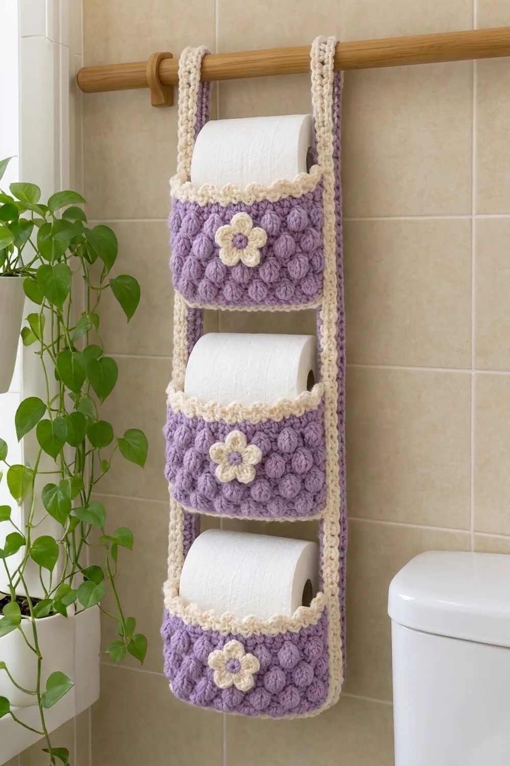 Lavender and cream crocheted toilet paper organizer with flower details hanging on wooden bathroom wall rod.