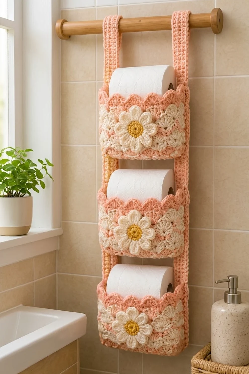 A crocheted toilet paper holder in peach and cream with embroidered daisies hangs on a wooden rod in a bathroom.