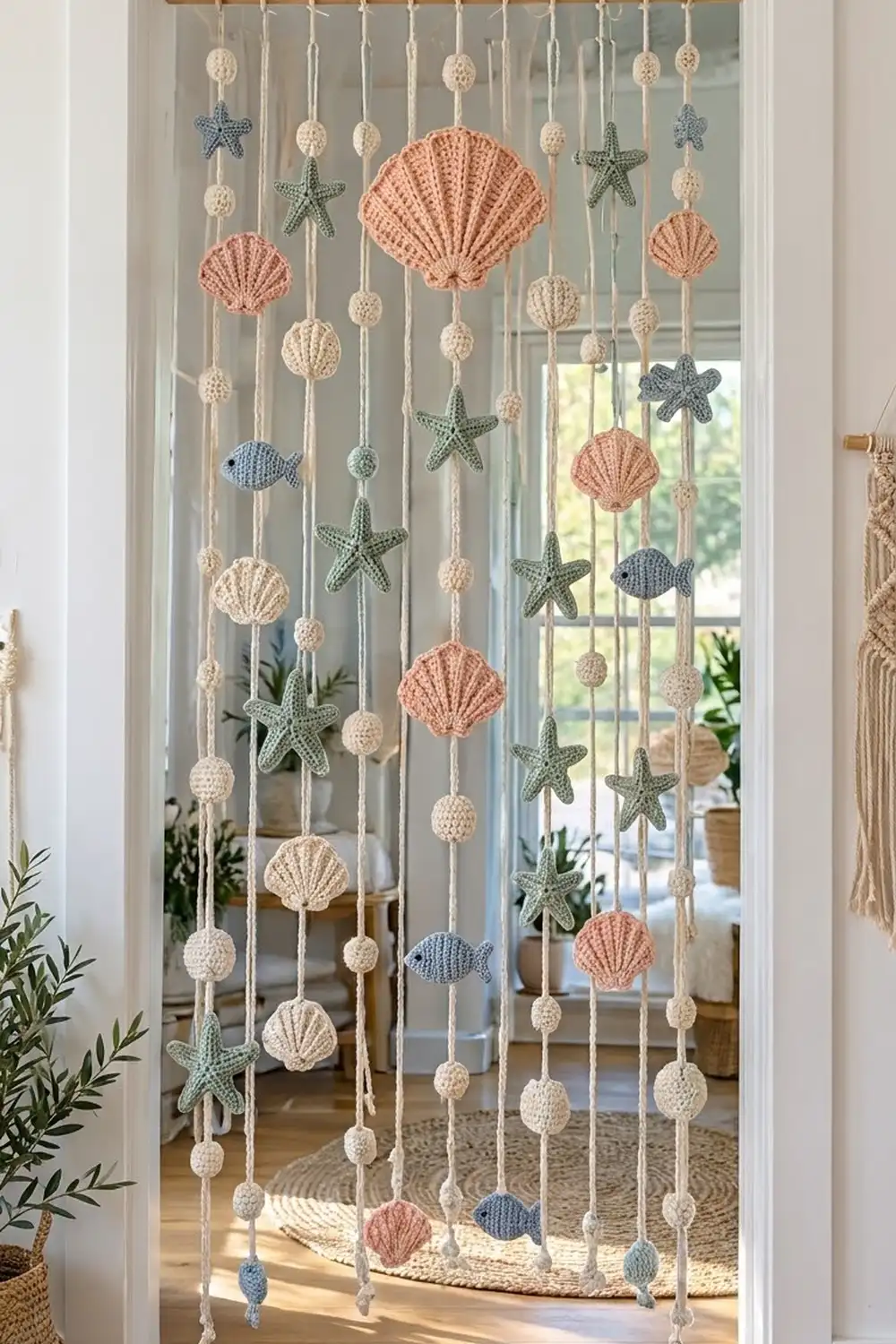 Crocheted window curtain with hanging coral, cream, blue, and green seashells, starfish, and beads in bright room.