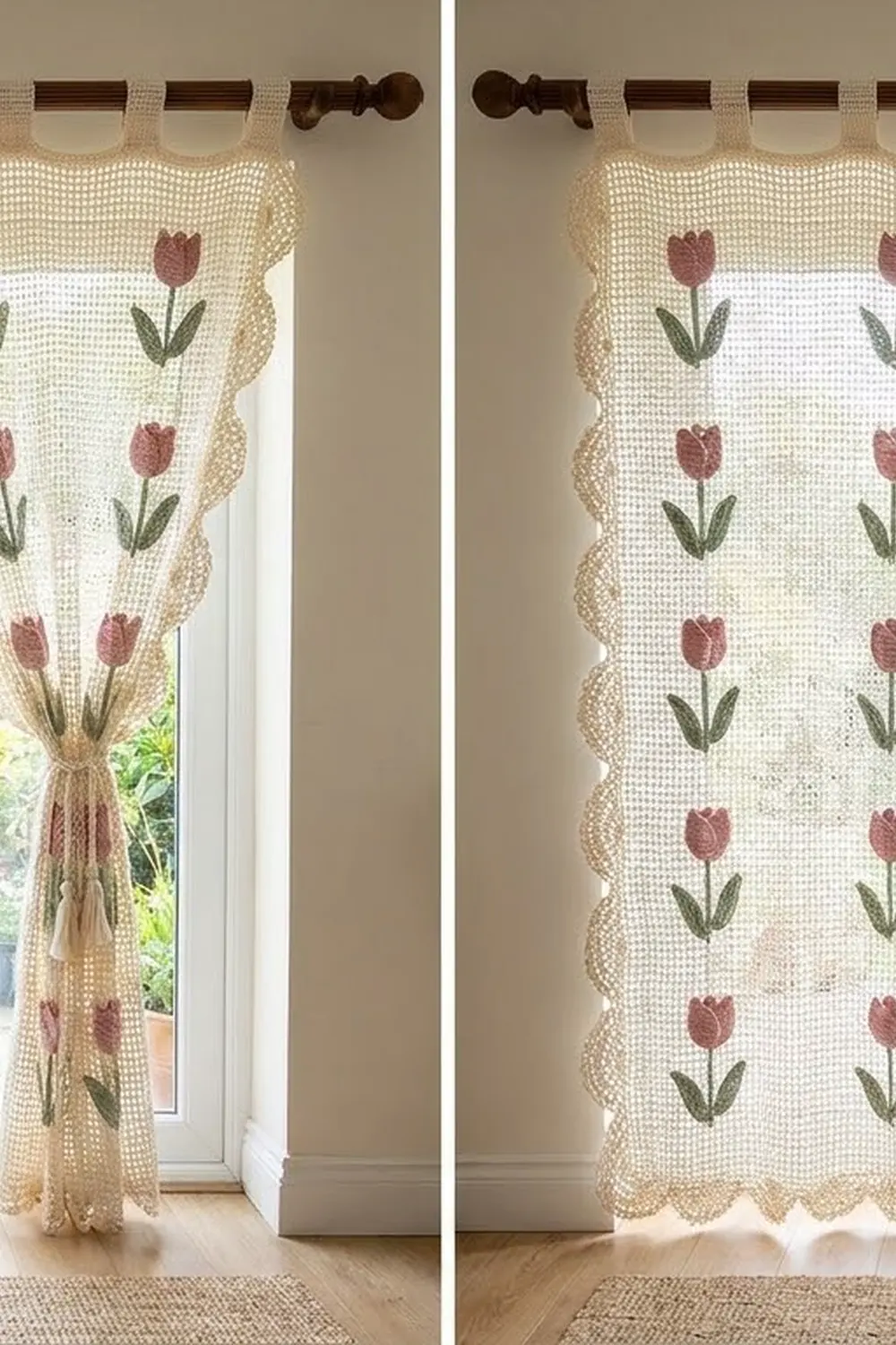 Cream-colored crocheted curtains with red tulips and green foliage hung on a dark wooden rod at a bright window.