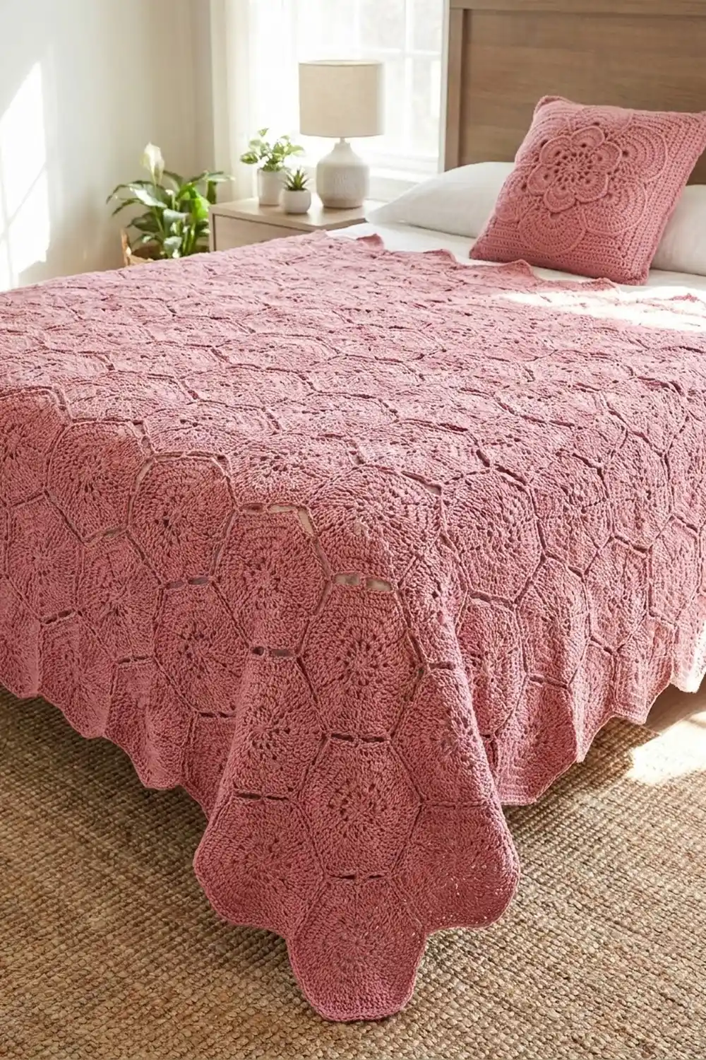 Mauve-pink crocheted bedspread and pillow with ornate textured designs set on white bedding in a bright, minimalist bedroom.