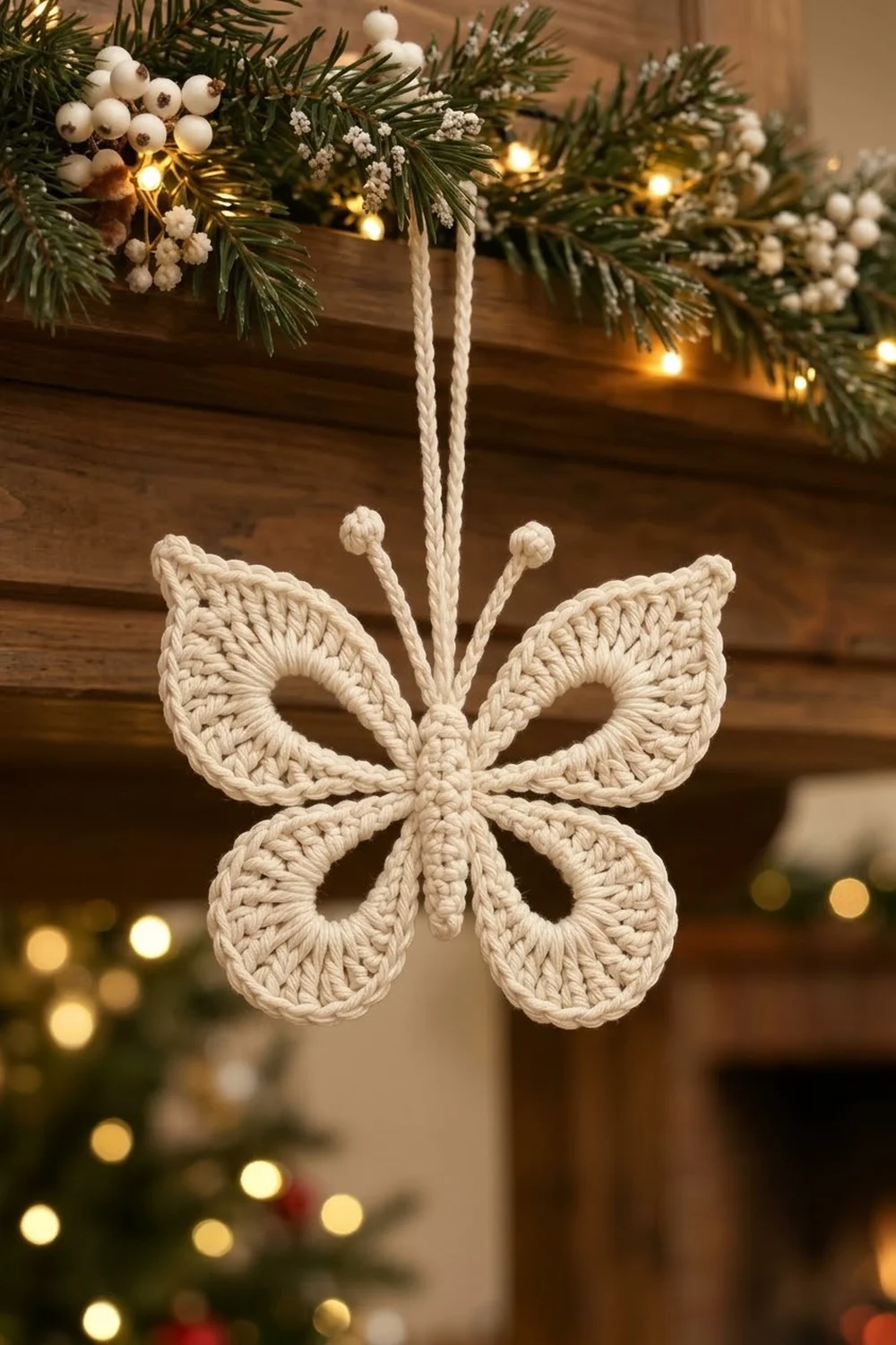 A cream crocheted butterfly ornament hangs from twine above a wooden mantel decorated with evergreen garland and warm white lights.