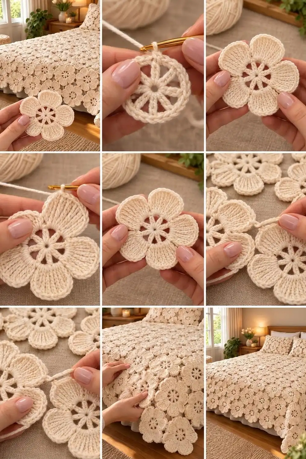 Off-white crocheted flower motifs held in hands and arranged as a lacy bedspread in a cozy sunlit bedroom.