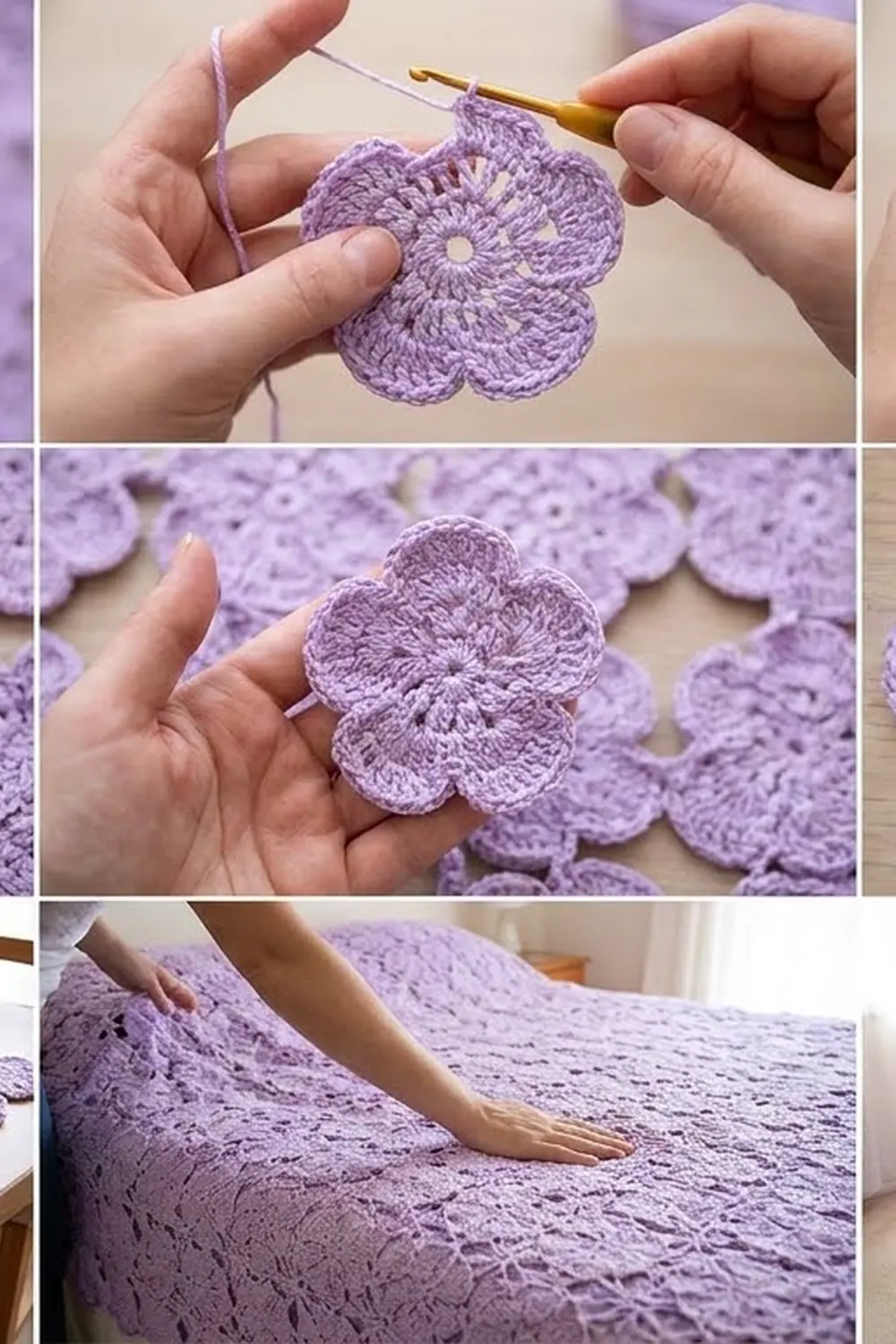 Purple crocheted flower motifs are assembled by hand into a soft, textured decorative blanket.