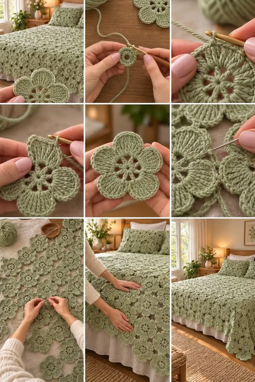 Cozy sage green crochet flower blanket made of connected five-petal motifs, displayed on a bedroom bed in warm, neutral decor.