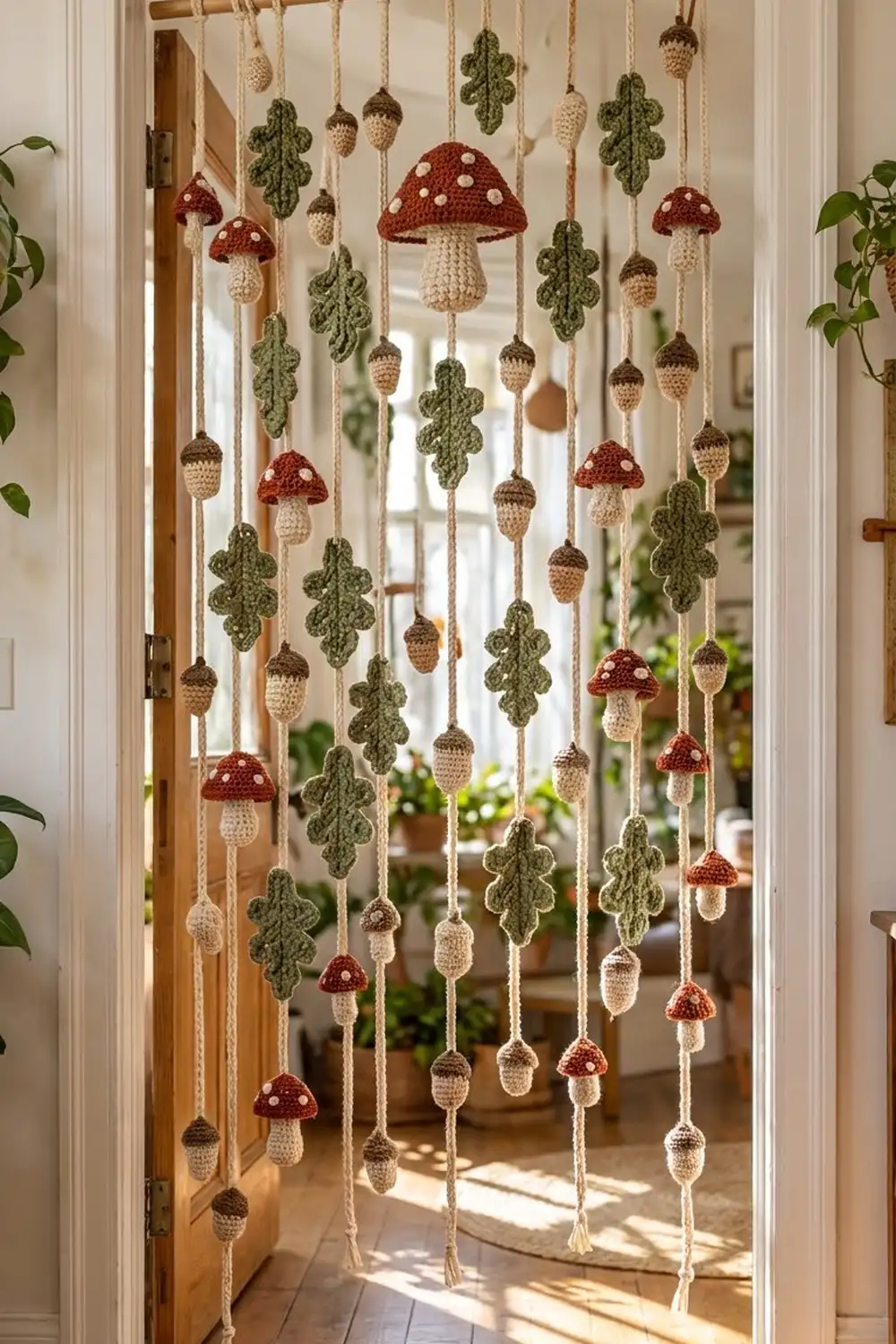 Handmade crochet mobile with red toadstools, green oak leaves, and tan acorns hanging before a bright, sunlit window.