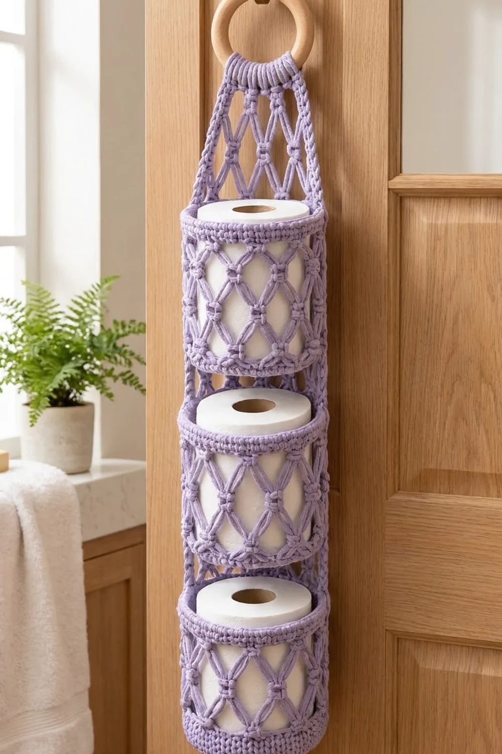 Lavender macramé toilet paper holder displaying three white rolls hanging on light wood cabinets beside a fern.