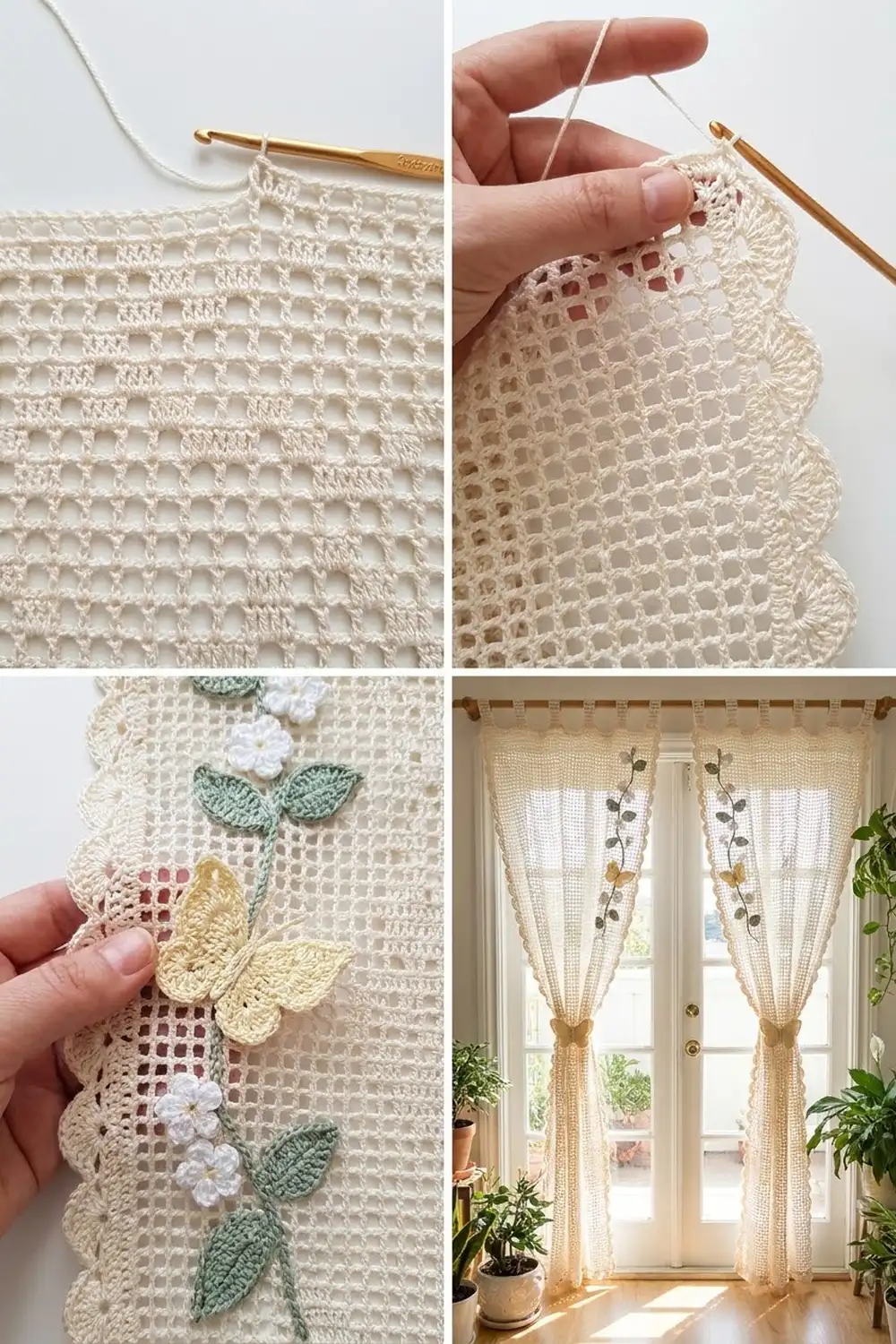 Cream crochet curtains with white, yellow, and green floral appliqués hang on a sunlit window with potted plants nearby.