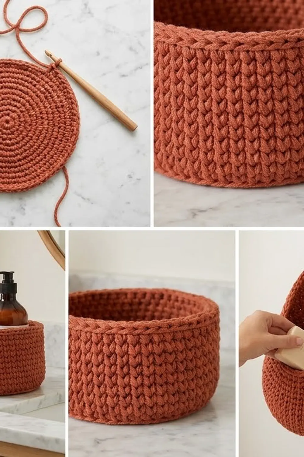 Terracotta crocheted basket shown mid-project with crochet hook and yarn, then finished holding decorative bottles on marble surfaces.