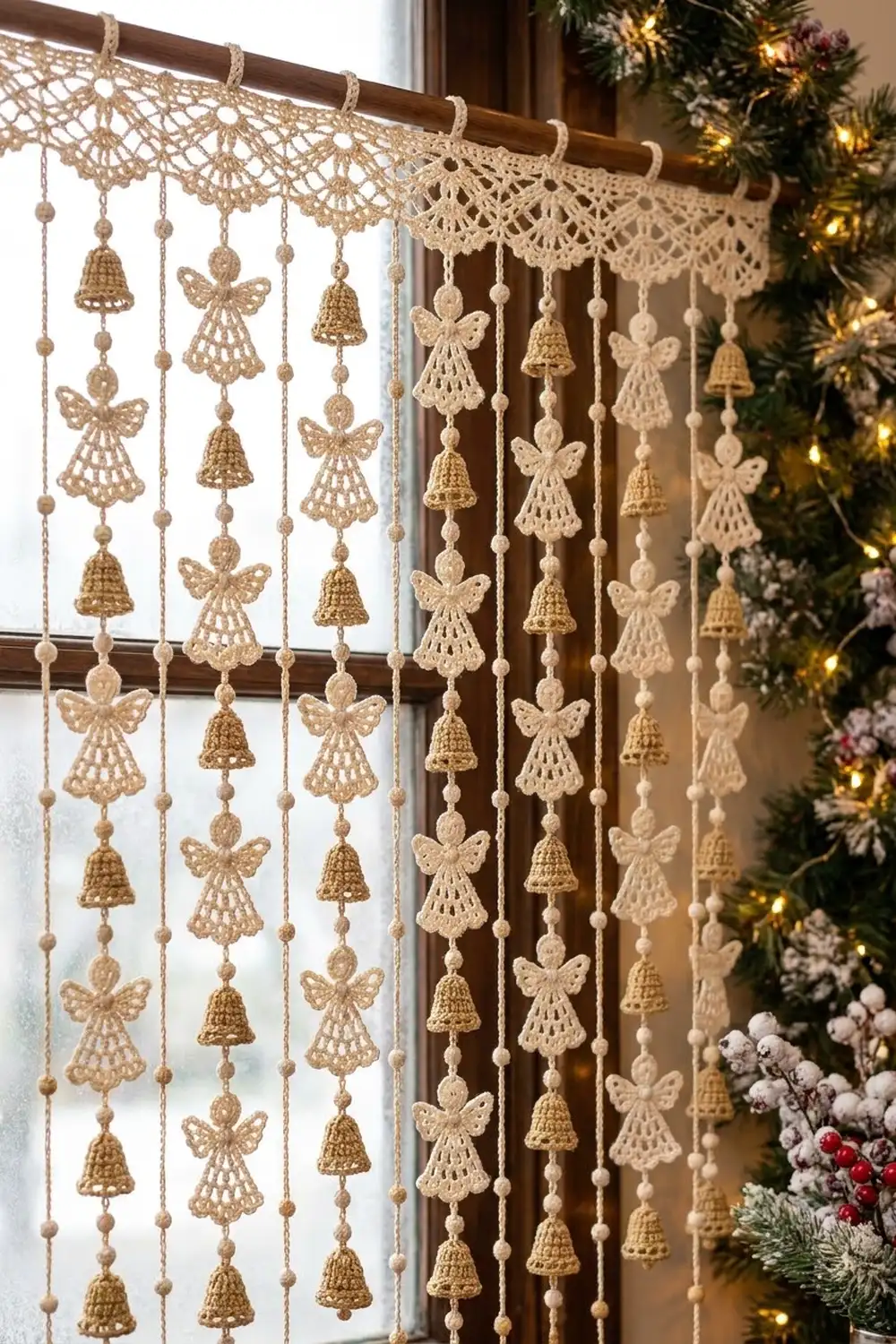 Crocheted lace bell and angel ornaments in cream and gold hang from a wooden rod beside a decorated Christmas tree.