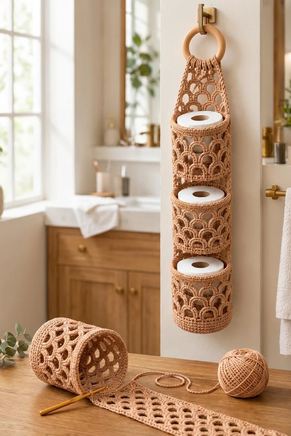 Tan crocheted toilet paper holder with decorative shell pattern hanging on bathroom wall, displaying white rolls.