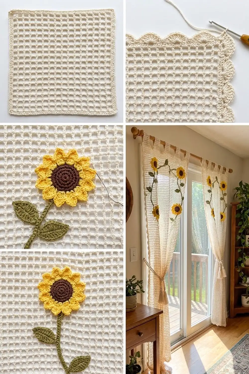 Cream-colored crocheted curtains with yellow sunflower appliqués hanging next to sunlit glass doors.