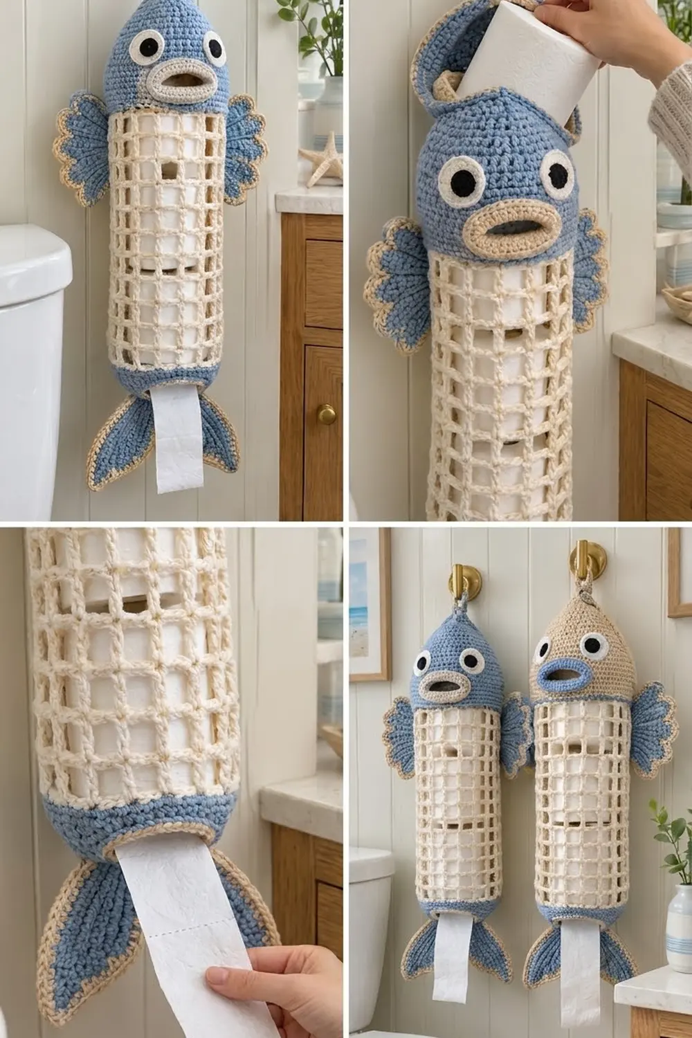 Blue crocheted bird toilet paper holder with cream wings and lattice body dispensing a roll.