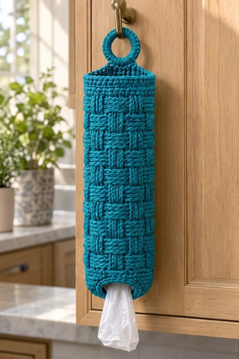 Turquoise crocheted bag holder with basket-weave texture hangs from a wooden kitchen door with a plastic bag inside.