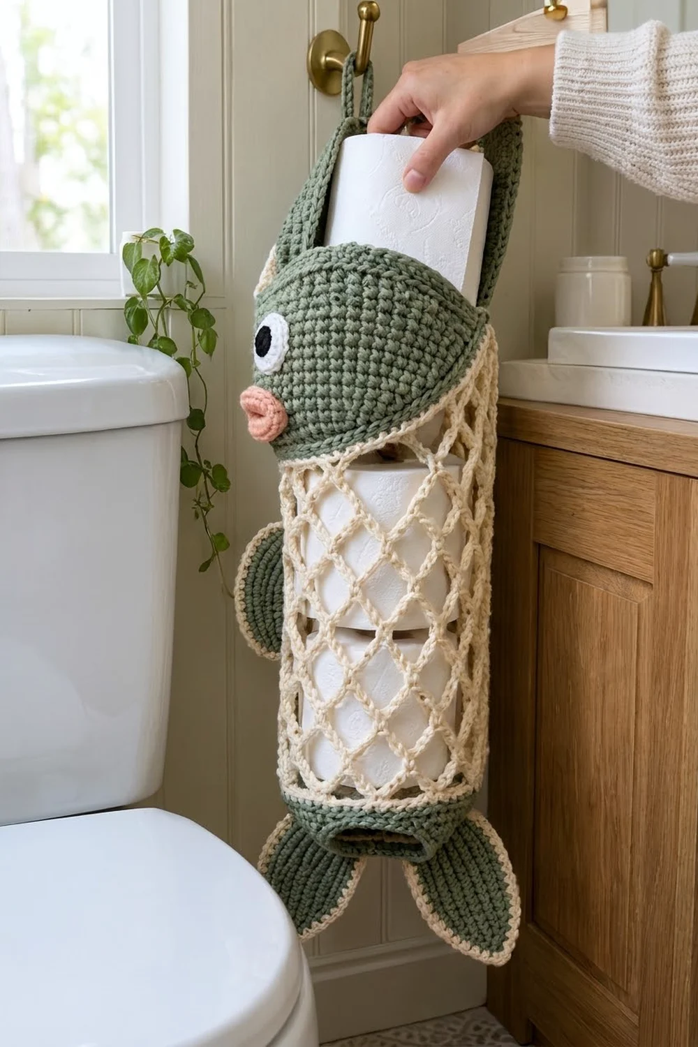 Crocheted fish-shaped toilet paper holder in sage green and cream displayed beside a bathroom toilet.