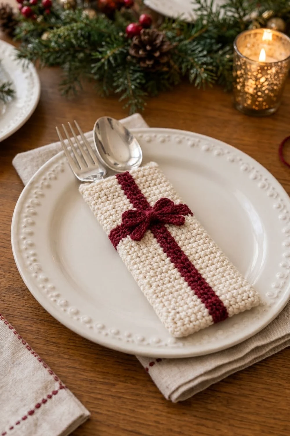 Cream crocheted napkin holder with burgundy stripe and bow on plate in festive holiday setting with evergreen and gold candle.