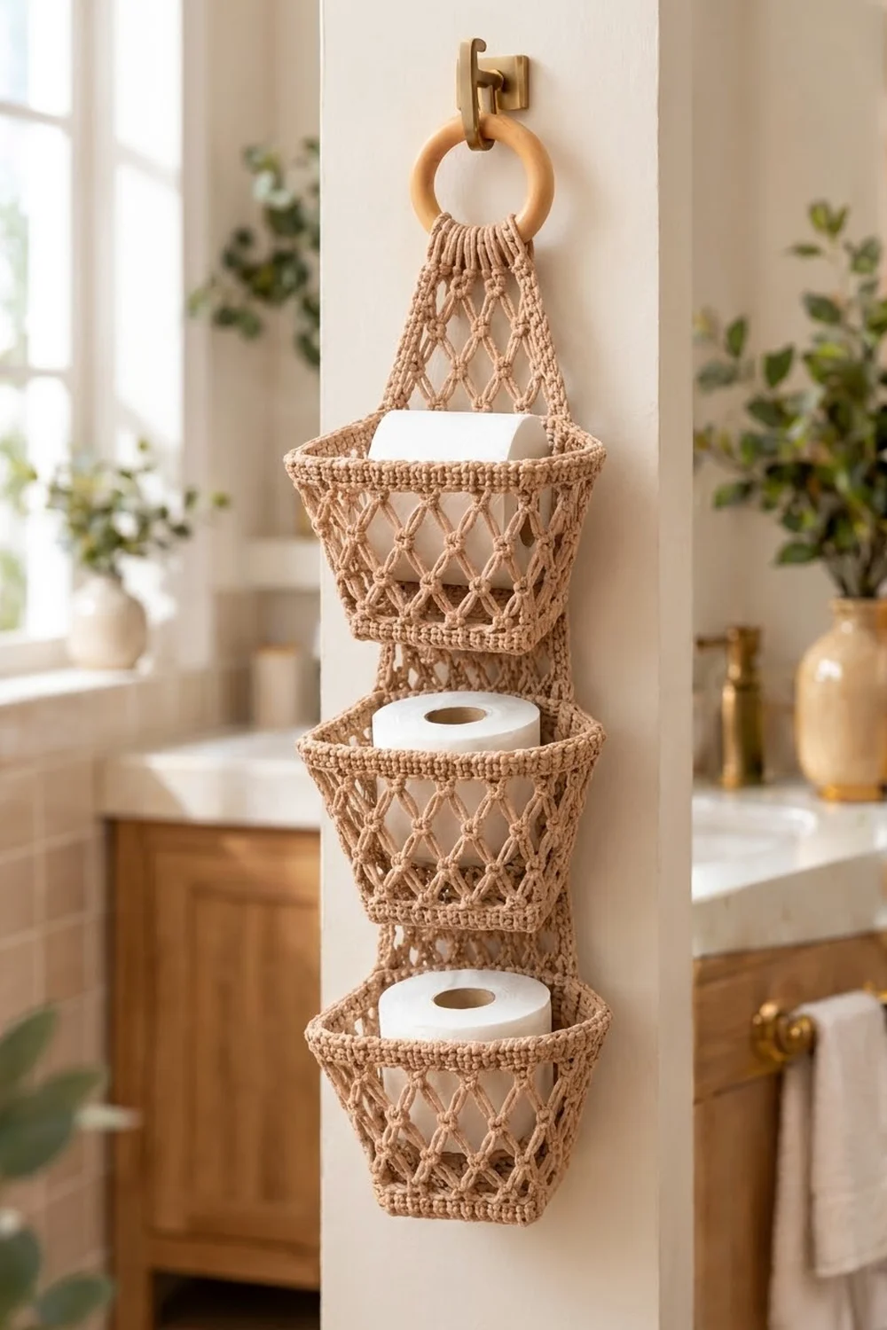 Crocheted tan wall-mounted toilet paper holder with three baskets hanging in a bright bathroom beside potted plants and brass fixtures.