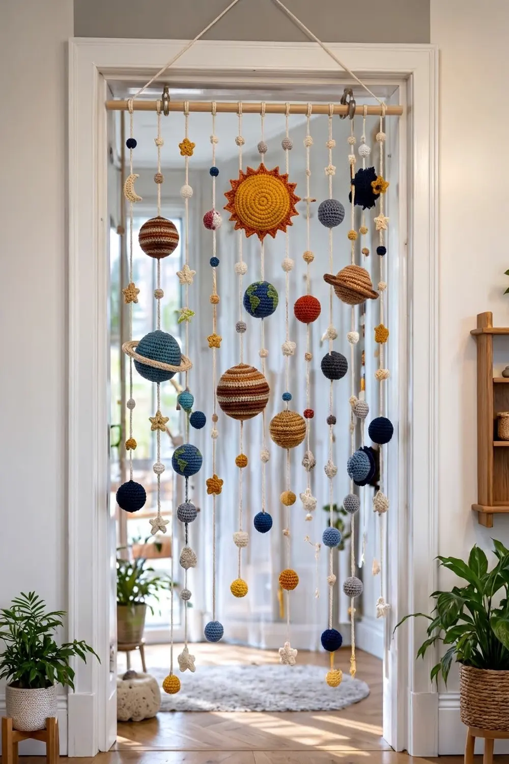 Colorful crocheted solar system mobile with planets and stars hanging in a sunny doorway with green plants.