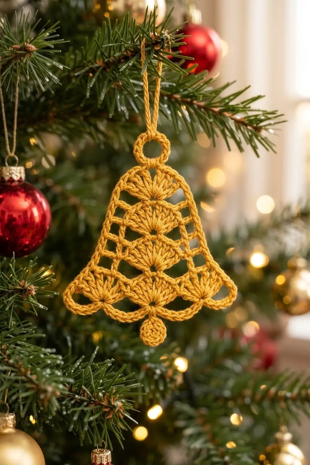A golden crocheted bell ornament hangs from evergreen branches beside red and gold Christmas baubles.