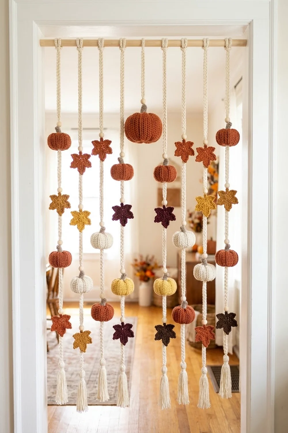Autumn crochet garland with rust pumpkins, multicolored stars, and cream rope strands with tassel ends displayed in a doorway.