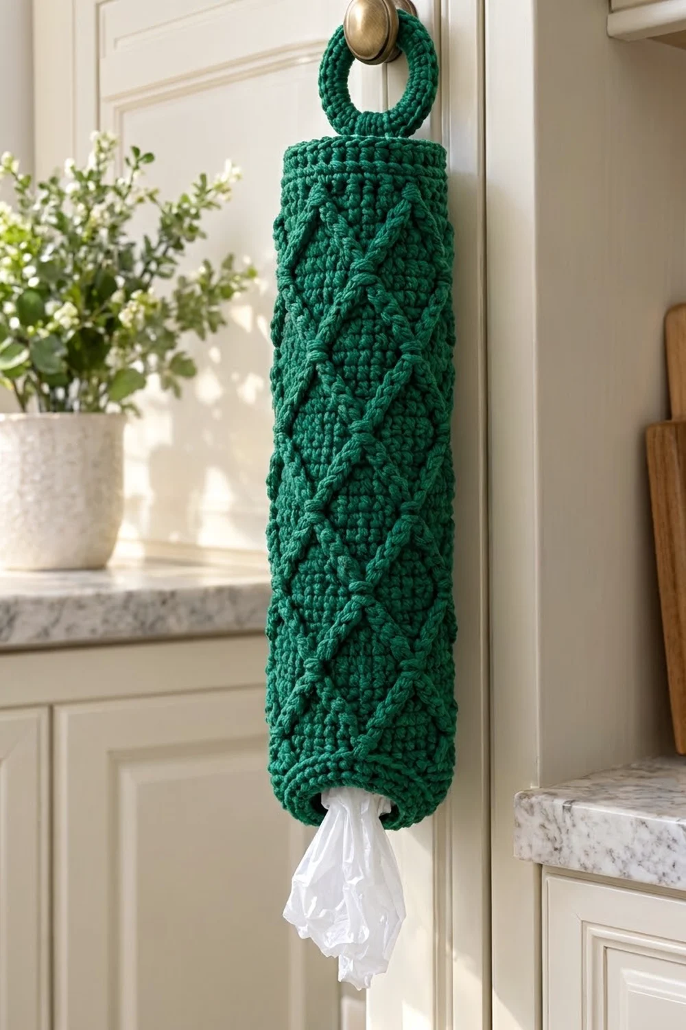Emerald green crocheted bag holder with cable knit texture hanging from a brass knob on a cream-colored door.