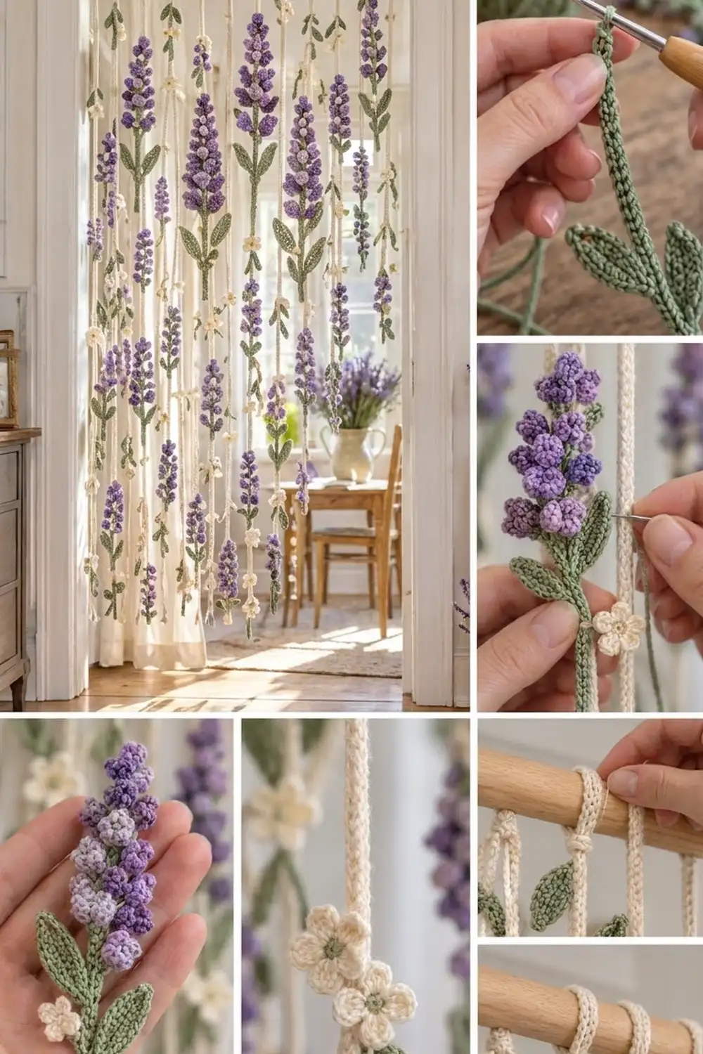 Crocheted lavender garland with purple flowers and green leaves hanging as a decorative room divider in sunlight.