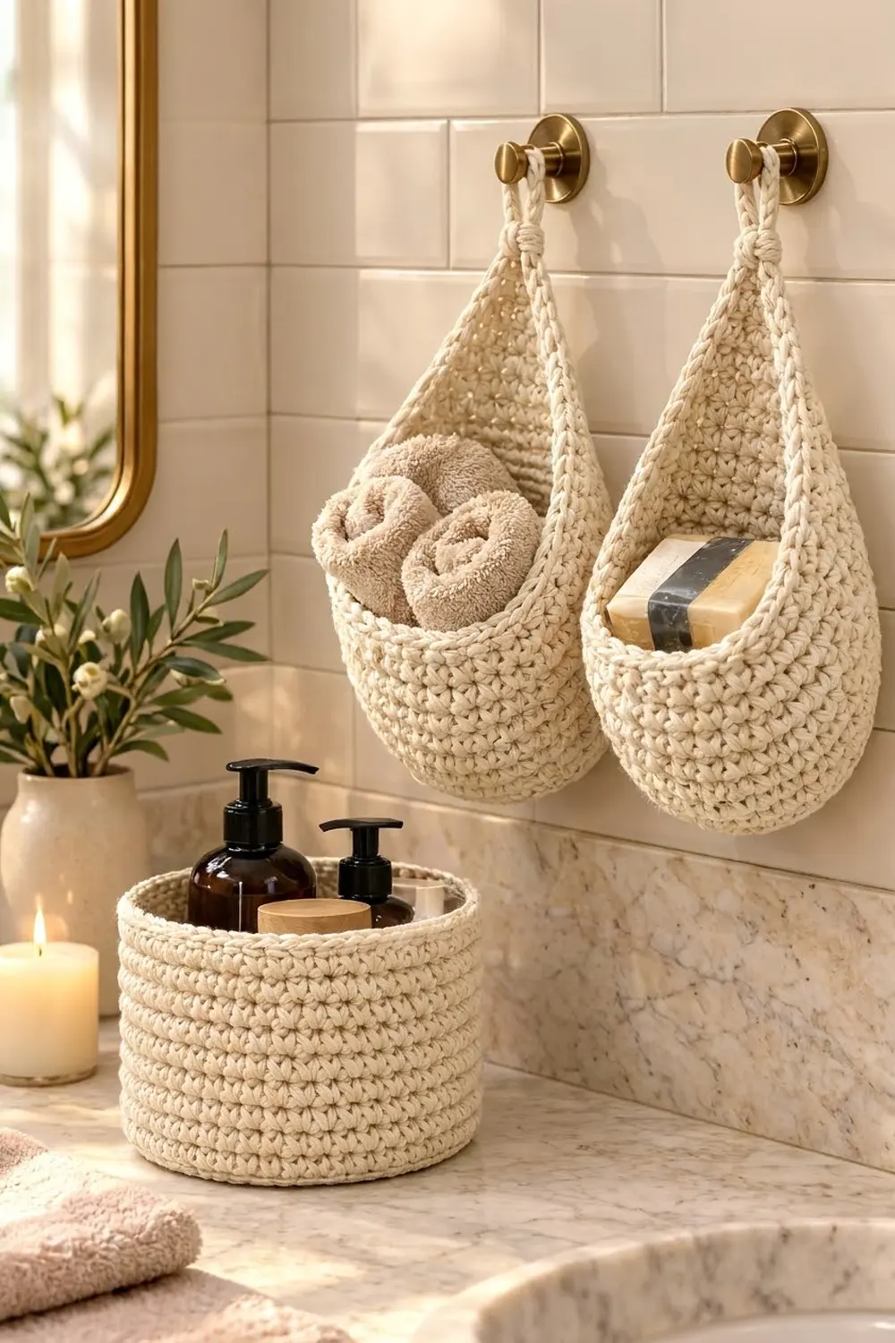Two cream crocheted hanging baskets hold rolled towels and soap above a marble vanity in a modern spa-inspired bathroom.