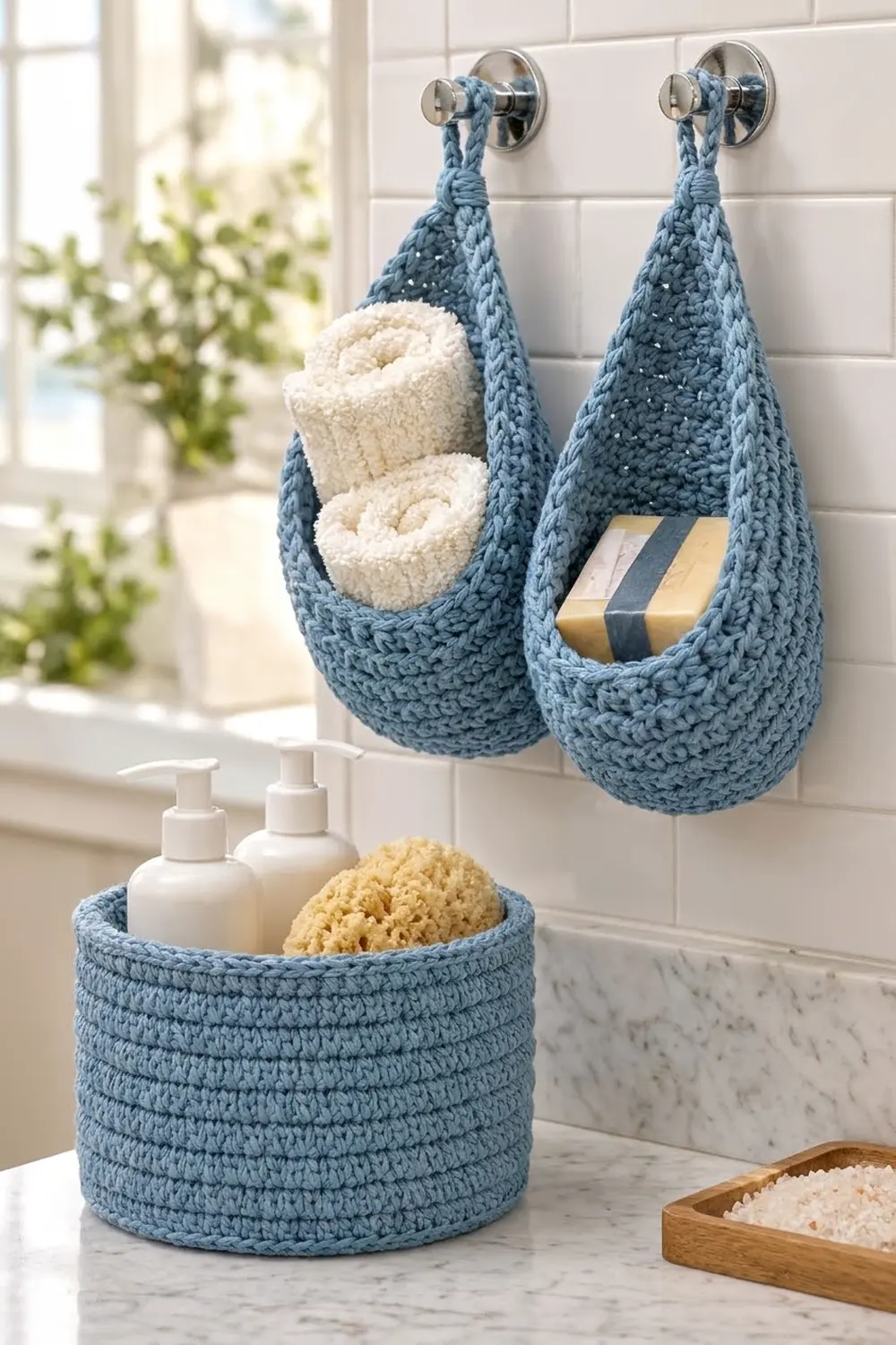 Blue crocheted storage baskets with rolled cream towels and soap in a bright bathroom with white subway tile.