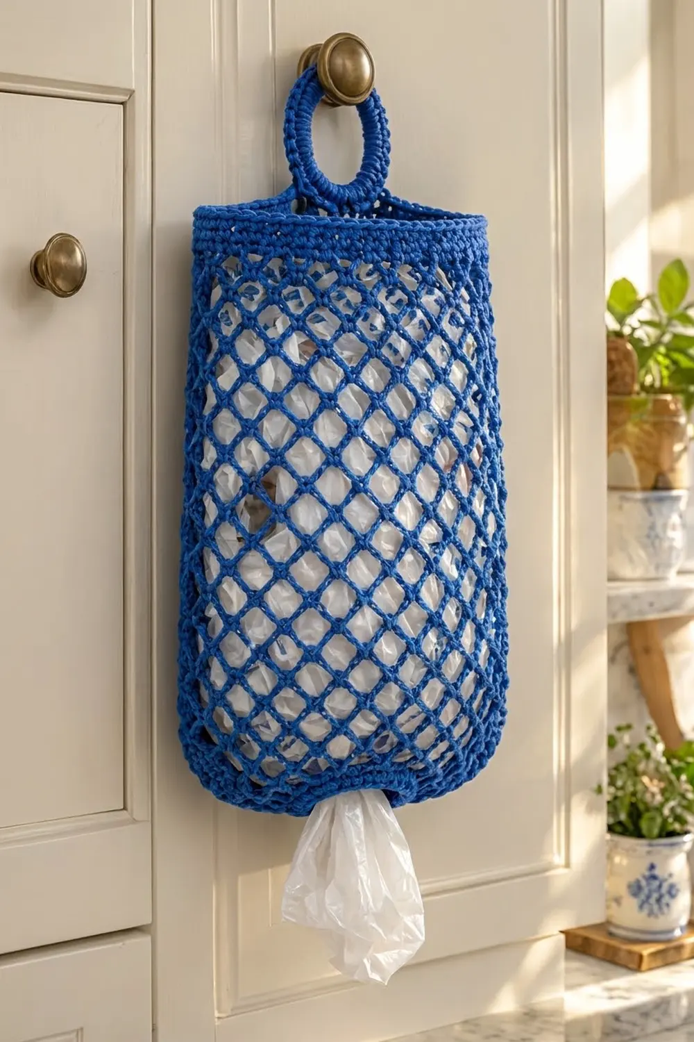 Bright blue crocheted mesh bag with rope handles hangs on a cream door, containing white plastic, beside potted green plants.