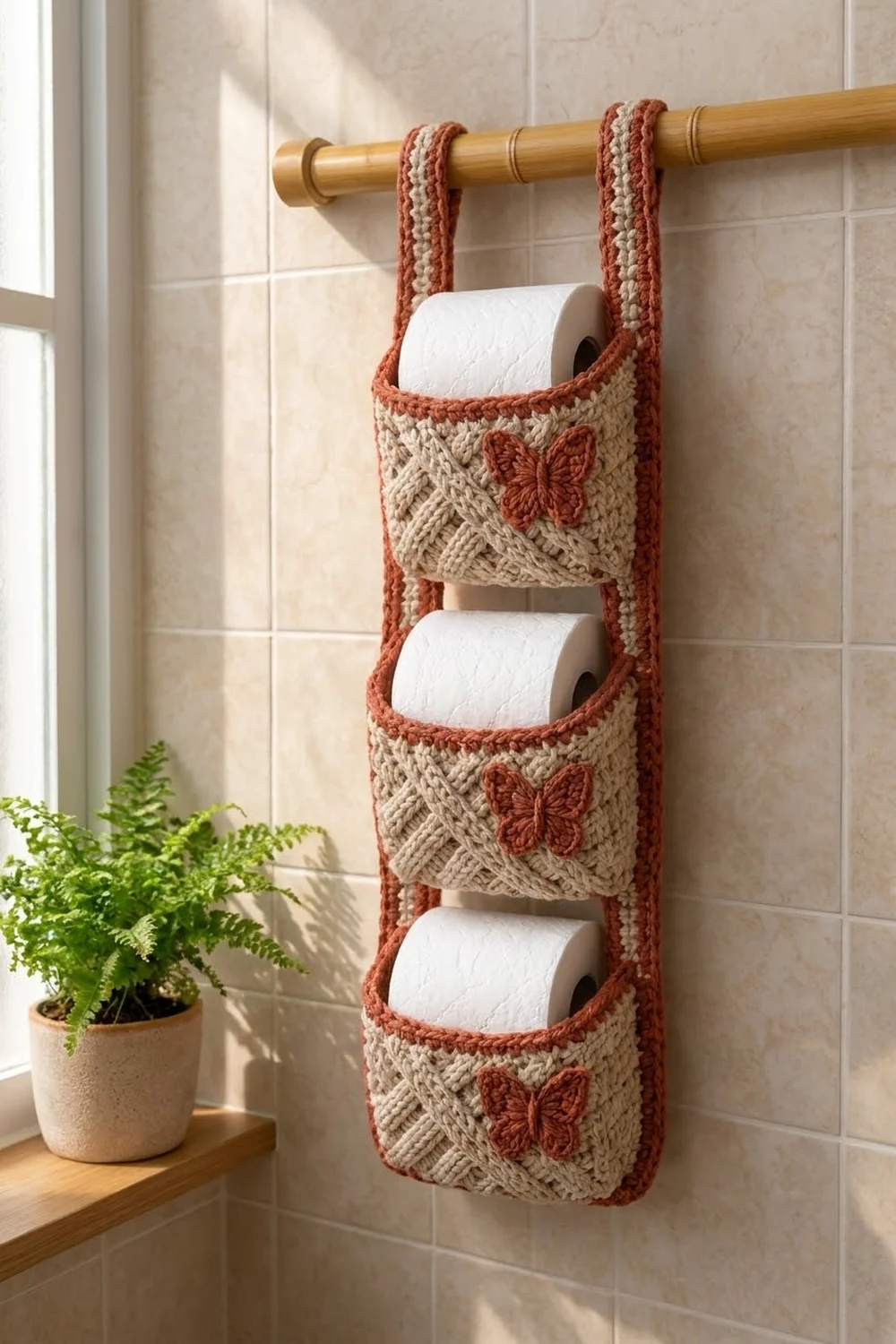 Cream and rust crocheted toilet paper holder with butterfly motifs hanging from a brass rod on a tiled bathroom wall.