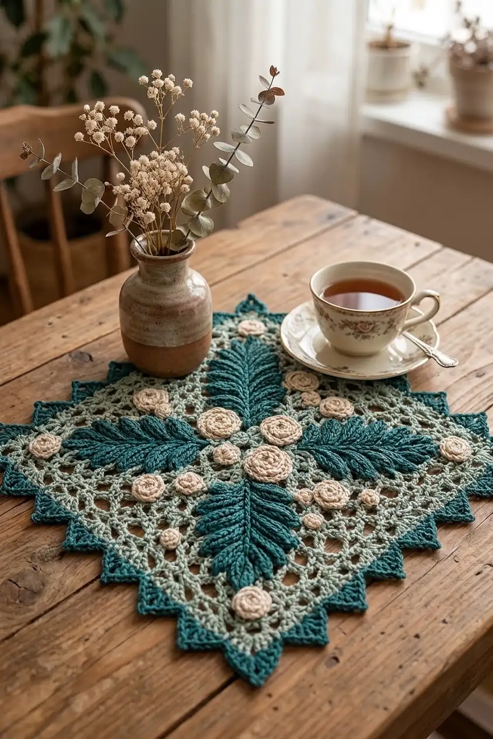 Teal and cream crocheted doily with rose motifs displayed on wooden table with tea and dried flowers.