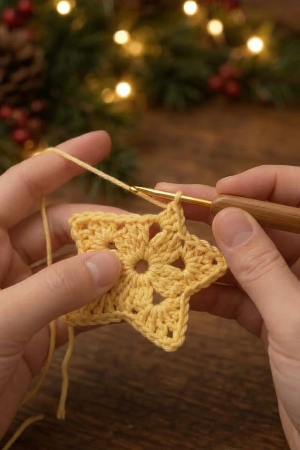 Hands crocheting a golden yellow lace star ornament with a wooden hook against a festive holiday background with lights.