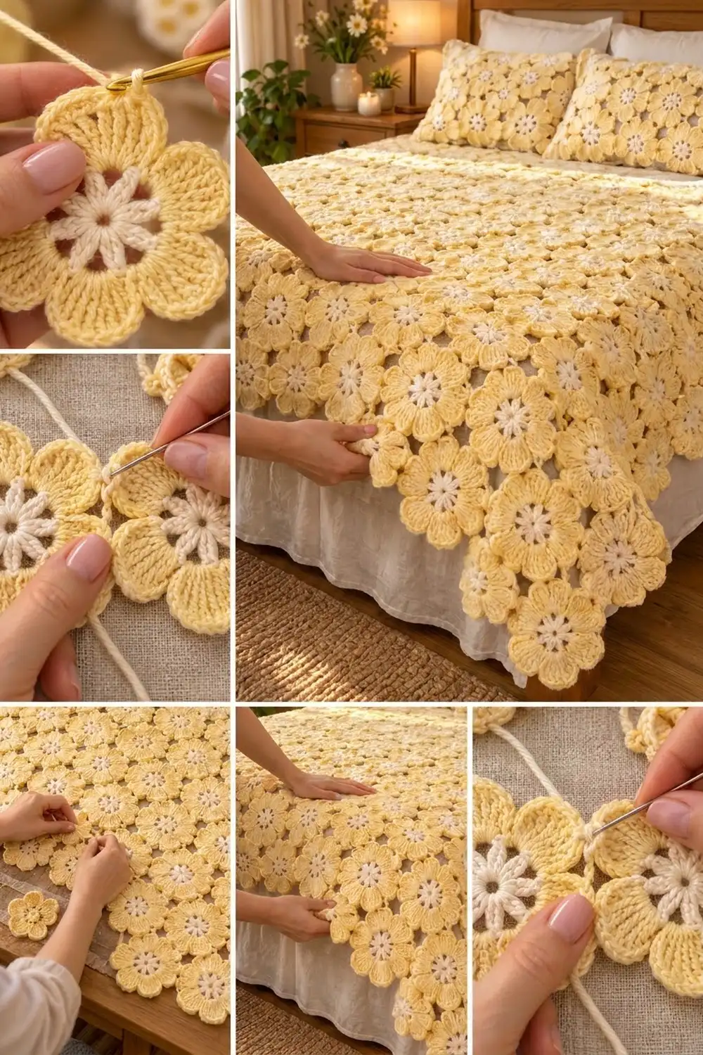 Yellow and cream crochet flower blanket styled on a bed in a warm, plant-filled bedroom.