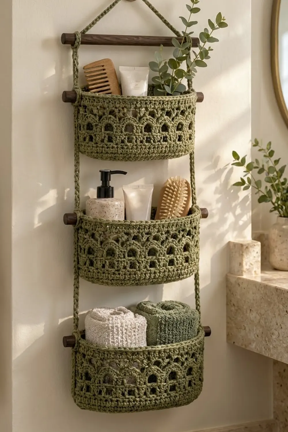 Sage green crocheted wall organizer with three baskets and wooden rods on white bathroom wall holding toiletries and rolled towels.