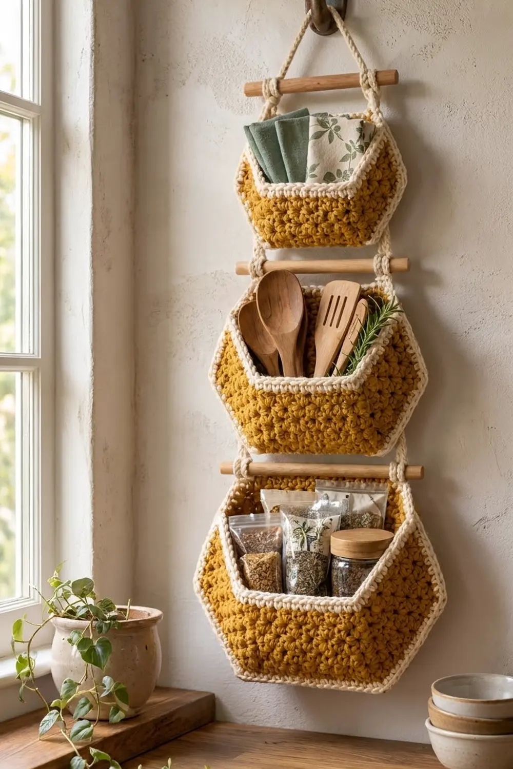 A three-tier mustard crocheted wall organizer with cream trim displays kitchen utensils, dried herbs, and linens by a window.