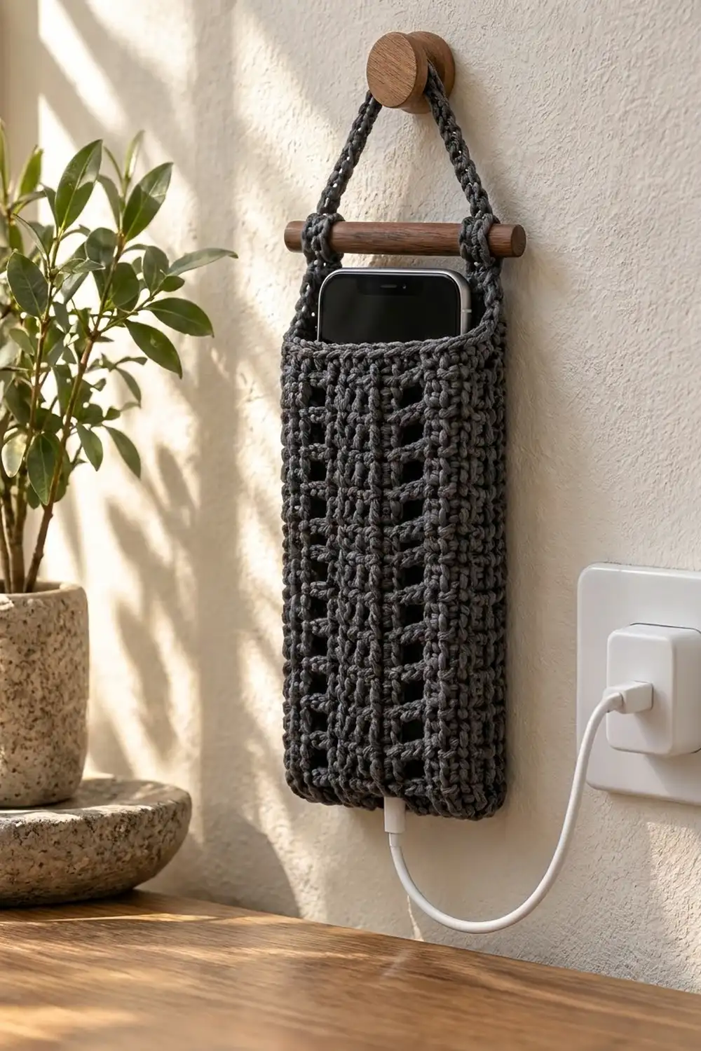 Charcoal crocheted phone holder with wooden toggle hanging on white wall beside potted plant and charging cable.
