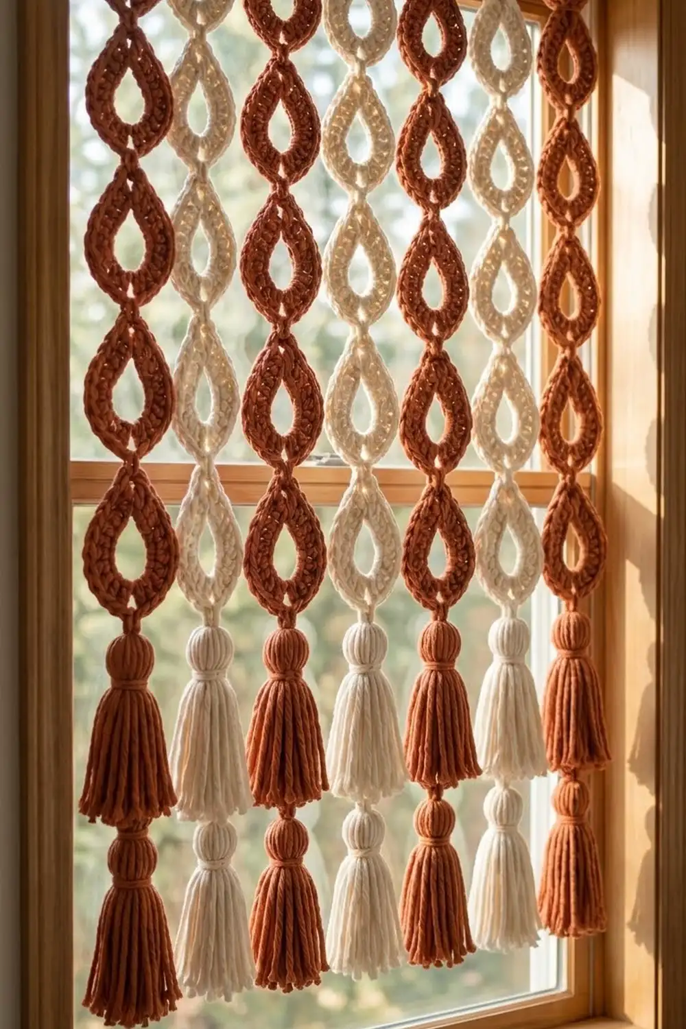 Crocheted beaded curtain with rust and cream teardrop chains and tassels hanging in a sunlit window.