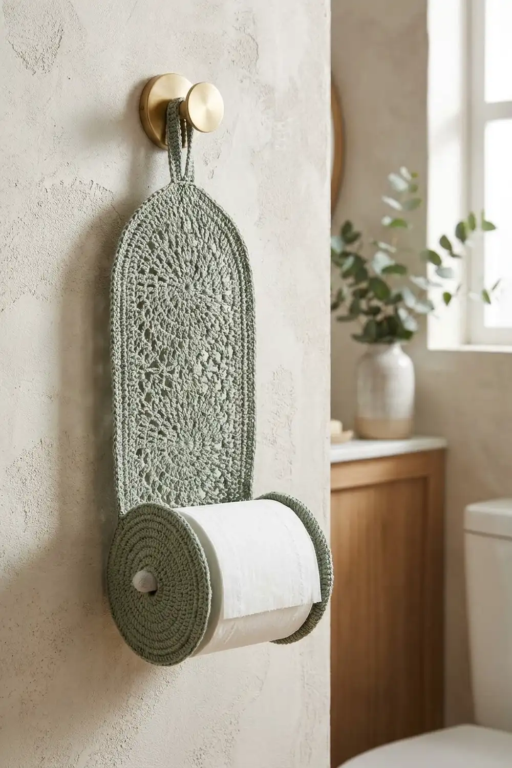 Sage-green crocheted toilet paper holder with arch design holding white paper roll, mounted on textured bathroom wall.