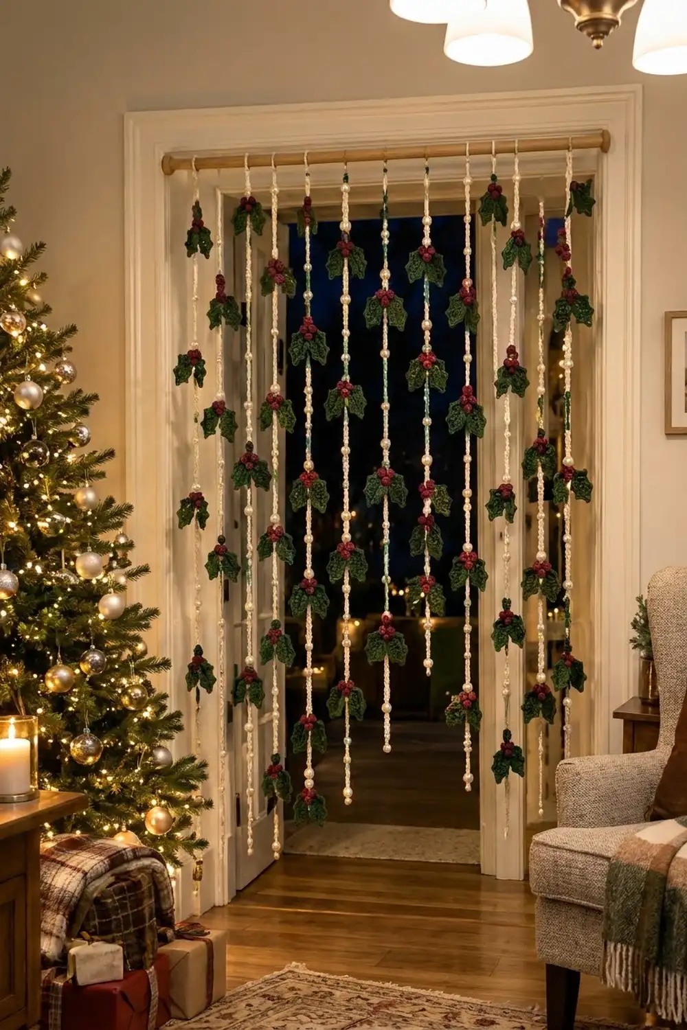Crochet beaded mistletoe garland in green and burgundy strands hanging across a doorway in a holiday living room.