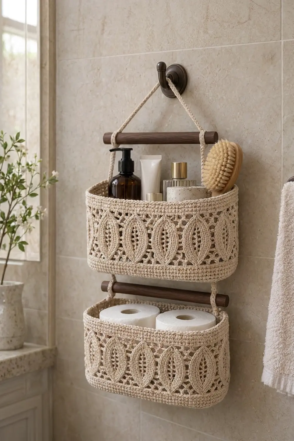 Two cream crocheted wall baskets with lace pattern holding cosmetics, brushes, and toilet paper rolls.