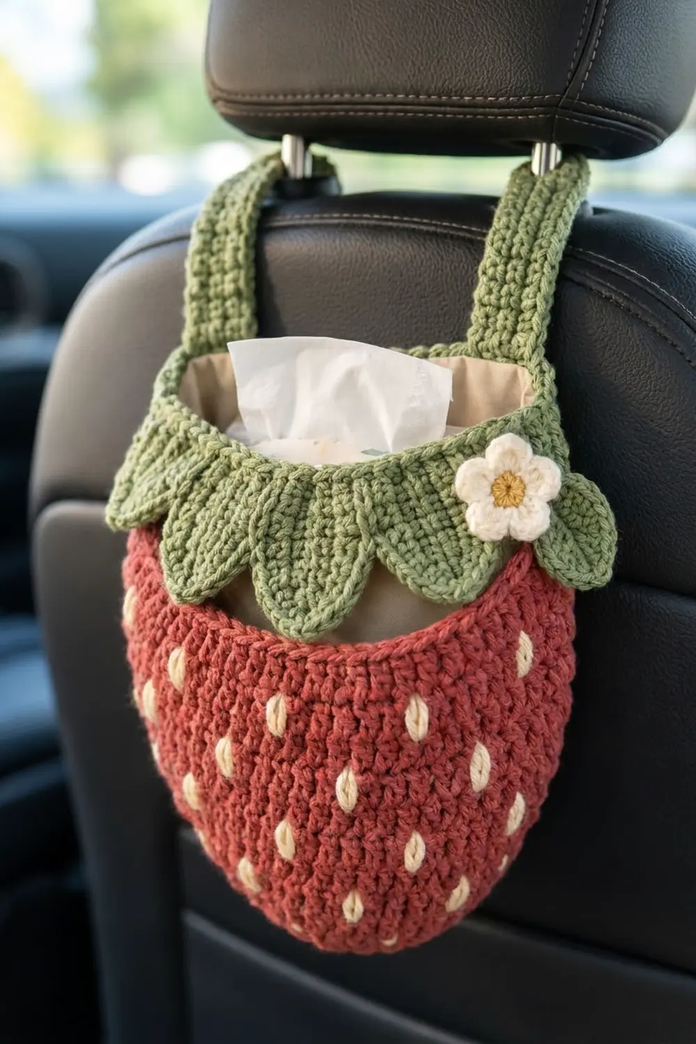 A crocheted strawberry organizer in soft green leaves and deep red body with white seeds hangs from a car seat.