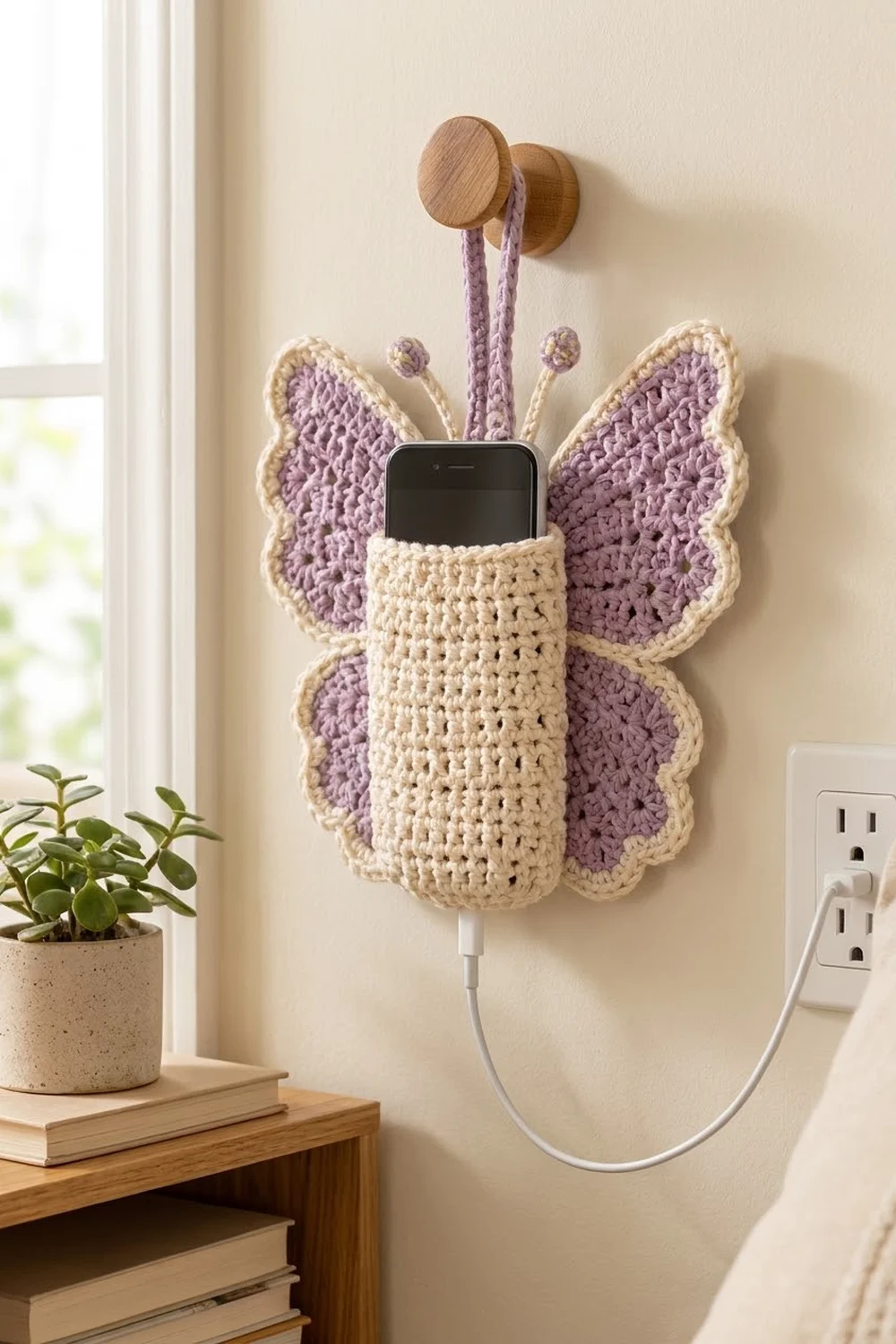 Crocheted butterfly phone holder in purple and cream mounted on a beige wall beside a potted plant.