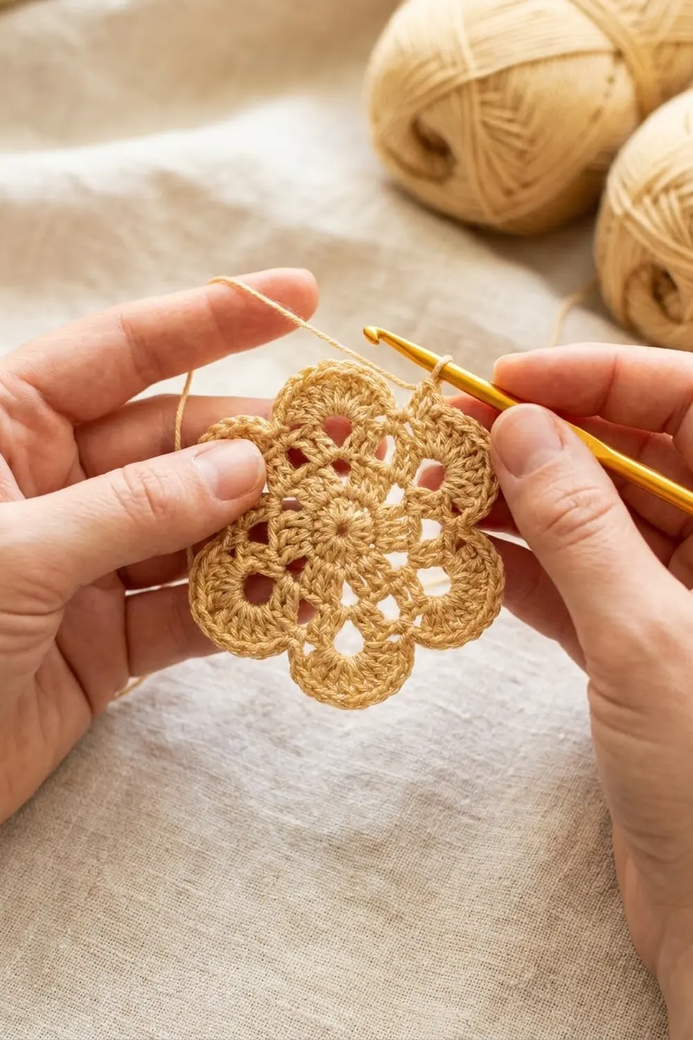 Hands holding a delicate golden crochet flower motif with a gold hook and yarn balls in soft neutral background.